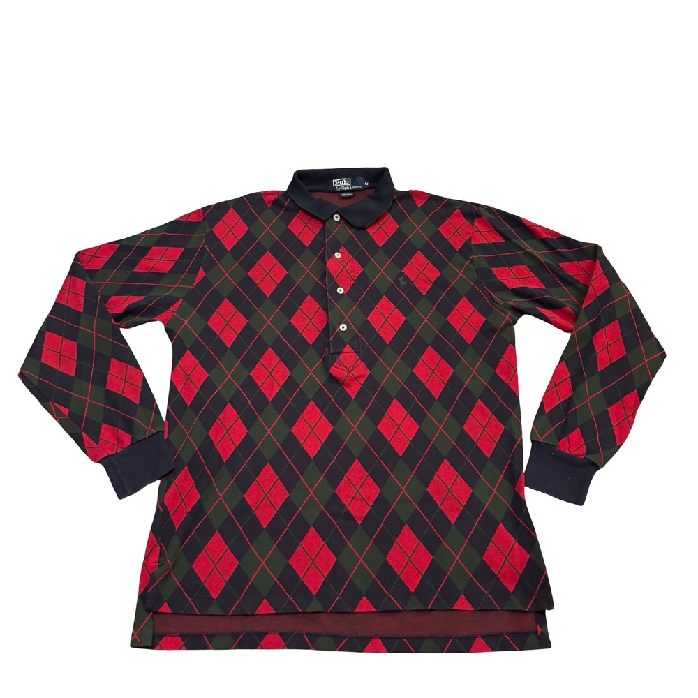 Polo Ralph Lauren‎ Mens Argyle Long Sleeve Polo Shirt Red Green Navy Blue Size M